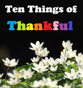 Flowers with text reading "Ten Things of Thankful"